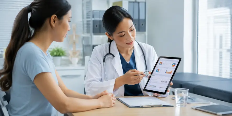 Dokter menjelaskan hasil metabolic assessment kepada pasien menggunakan data kesehatan untuk mengevaluasi metabolisme, kesehatan sel, dan kondisi metabolik secara menyeluruh.