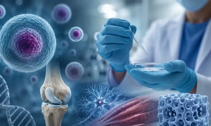 Ilustrasi realistis yang menggambarkan regenerative medicine melalui proses regenerasi jaringan, kesehatan sel, dan penelitian biomedis modern untuk mendukung perbaikan alami tubuh.