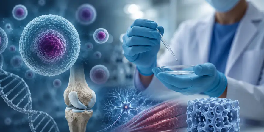 Ilustrasi realistis yang menggambarkan regenerative medicine melalui proses regenerasi jaringan, kesehatan sel, dan penelitian biomedis modern untuk mendukung perbaikan alami tubuh.