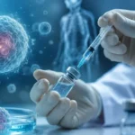 Ilustrasi realistis terapi sel punca yang menampilkan proses regenerative medicine di laboratorium modern untuk menggambarkan stem cell therapy Indonesia dan kesehatan sel.