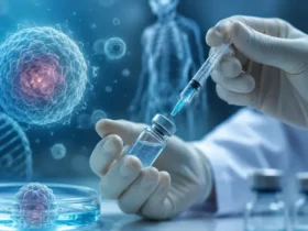 Ilustrasi realistis terapi sel punca yang menampilkan proses regenerative medicine di laboratorium modern untuk menggambarkan stem cell therapy Indonesia dan kesehatan sel.