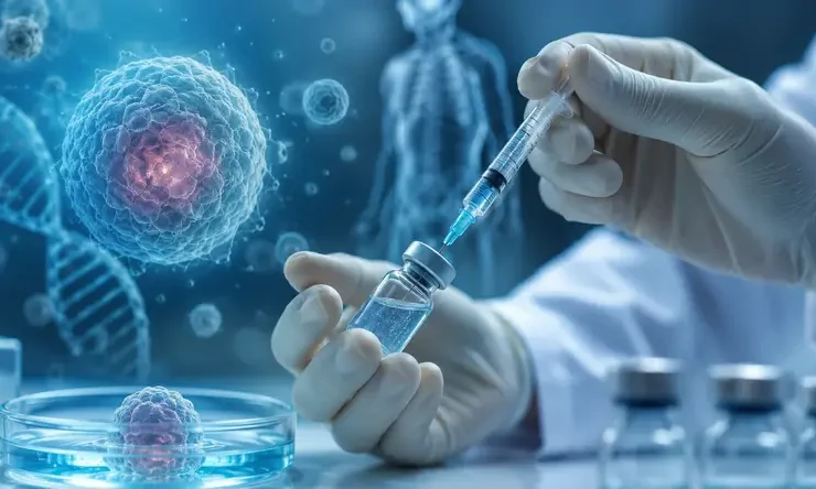 Ilustrasi realistis terapi sel punca yang menampilkan proses regenerative medicine di laboratorium modern untuk menggambarkan stem cell therapy Indonesia dan kesehatan sel.