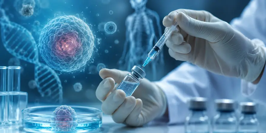 Ilustrasi realistis terapi sel punca yang menampilkan proses regenerative medicine di laboratorium modern untuk menggambarkan stem cell therapy Indonesia dan kesehatan sel.