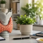Model anatomi kelenjar tiroid di atas meja laboratorium modern yang menggambarkan peran thyroid health dalam mengatur metabolisme, produksi energi, dan fungsi biologis tubuh di KIBM.
