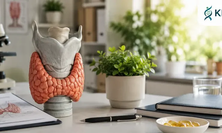Model anatomi kelenjar tiroid di atas meja laboratorium modern yang menggambarkan peran thyroid health dalam mengatur metabolisme, produksi energi, dan fungsi biologis tubuh di KIBM.