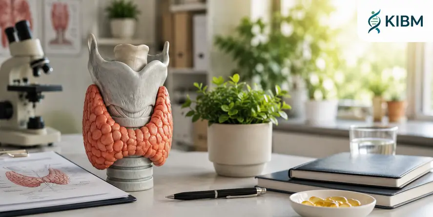 Model anatomi kelenjar tiroid di atas meja laboratorium modern yang menggambarkan peran thyroid health dalam mengatur metabolisme, produksi energi, dan fungsi biologis tubuh di KIBM.