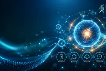 Visual abstrak Biohacking Cellular Health yang menggambarkan optimalisasi fungsi sel, produksi energi, regenerasi sel, dan kesehatan metabolik sebagai fondasi umur panjang di KIBM.