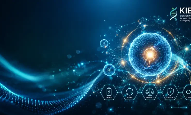 Visual abstrak Biohacking Cellular Health yang menggambarkan optimalisasi fungsi sel, produksi energi, regenerasi sel, dan kesehatan metabolik sebagai fondasi umur panjang di KIBM.