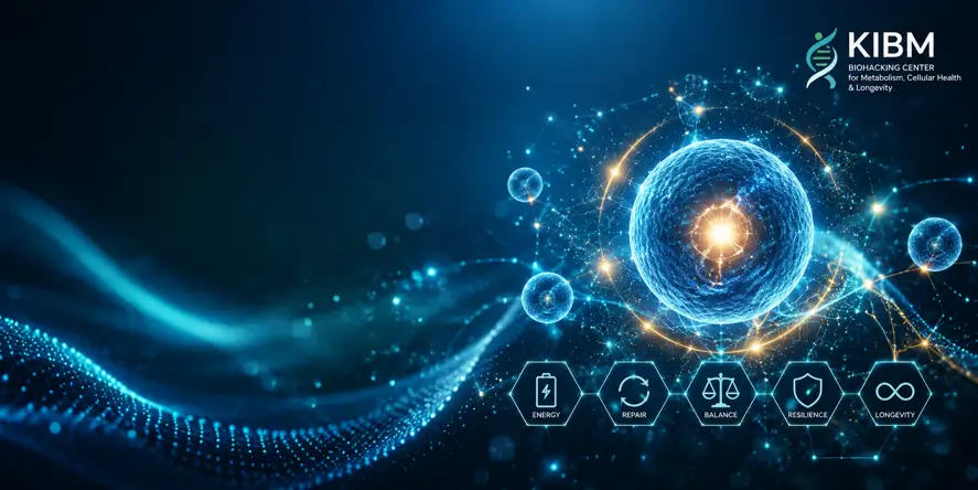 Visual abstrak Biohacking Cellular Health yang menggambarkan optimalisasi fungsi sel, produksi energi, regenerasi sel, dan kesehatan metabolik sebagai fondasi umur panjang di KIBM.