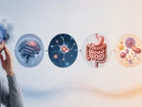 Ilustrasi seseorang mengalami brain fog dengan gangguan fokus dan penurunan fungsi kognitif.