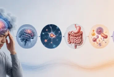 Ilustrasi seseorang mengalami brain fog dengan gangguan fokus dan penurunan fungsi kognitif.