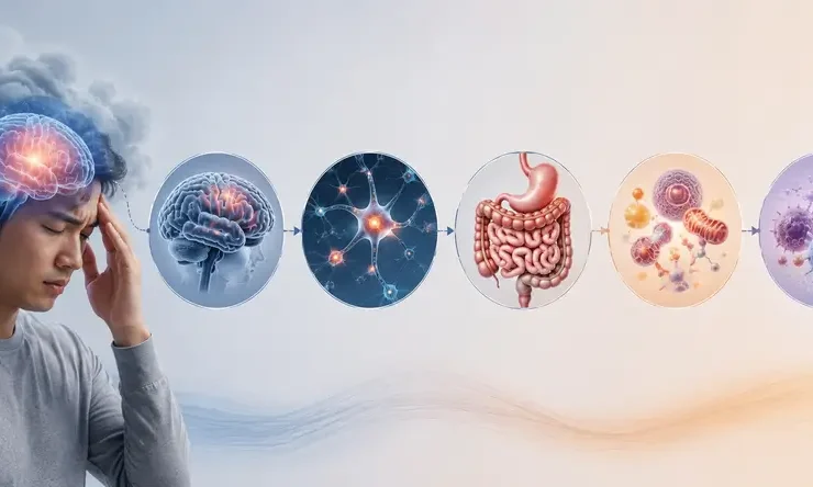 Ilustrasi seseorang mengalami brain fog dengan gangguan fokus dan penurunan fungsi kognitif.