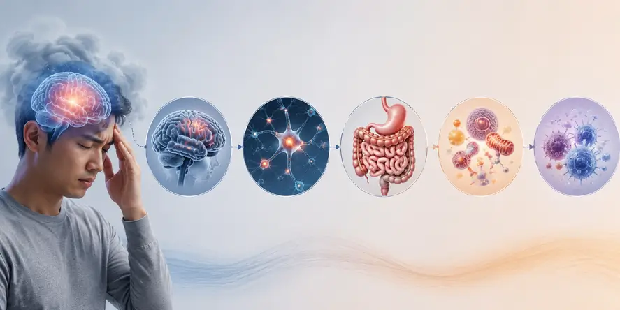 Ilustrasi seseorang mengalami brain fog dengan gangguan fokus dan penurunan fungsi kognitif.