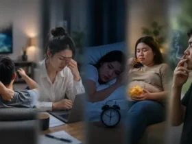 Ilustrasi realistis berbagai faktor risiko resistensi insulin, termasuk pola makan tidak sehat, kurang aktivitas fisik, stres, kurang tidur, merokok, dan obesitas yang memengaruhi kesehatan metabolik.