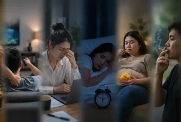 Ilustrasi realistis berbagai faktor risiko resistensi insulin, termasuk pola makan tidak sehat, kurang aktivitas fisik, stres, kurang tidur, merokok, dan obesitas yang memengaruhi kesehatan metabolik.