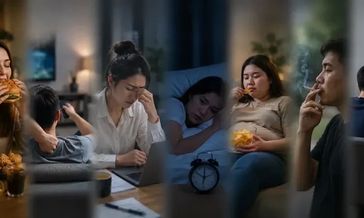 Ilustrasi realistis berbagai faktor risiko resistensi insulin, termasuk pola makan tidak sehat, kurang aktivitas fisik, stres, kurang tidur, merokok, dan obesitas yang memengaruhi kesehatan metabolik.
