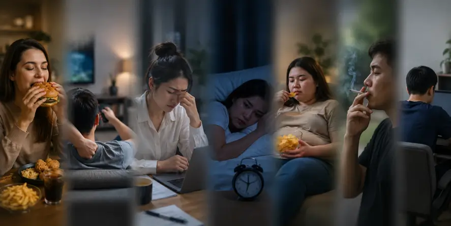 Ilustrasi realistis berbagai faktor risiko resistensi insulin, termasuk pola makan tidak sehat, kurang aktivitas fisik, stres, kurang tidur, merokok, dan obesitas yang memengaruhi kesehatan metabolik.