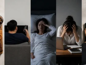 Ilustrasi penyebab resistensi insulin yang menunjukkan pola makan tidak sehat, kurang aktivitas fisik, kurang tidur, stres kronis, dan obesitas sebagai faktor risiko gangguan metabolik.