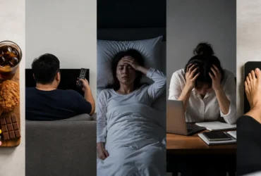 Ilustrasi penyebab resistensi insulin yang menunjukkan pola makan tidak sehat, kurang aktivitas fisik, kurang tidur, stres kronis, dan obesitas sebagai faktor risiko gangguan metabolik.