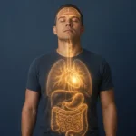 Ilustrasi seorang pria dengan visual organ tubuh yang menggambarkan sinyal tubuh sebagai komunikasi biologis antara otak, jantung, paru-paru, saluran pencernaan, dan metabolisme.