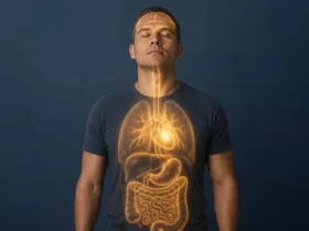 Ilustrasi seorang pria dengan visual organ tubuh yang menggambarkan sinyal tubuh sebagai komunikasi biologis antara otak, jantung, paru-paru, saluran pencernaan, dan metabolisme.