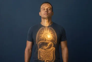 Ilustrasi seorang pria dengan visual organ tubuh yang menggambarkan sinyal tubuh sebagai komunikasi biologis antara otak, jantung, paru-paru, saluran pencernaan, dan metabolisme.
