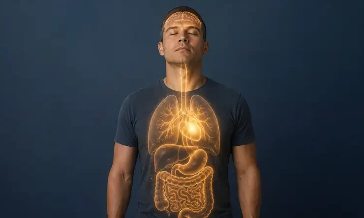 Ilustrasi seorang pria dengan visual organ tubuh yang menggambarkan sinyal tubuh sebagai komunikasi biologis antara otak, jantung, paru-paru, saluran pencernaan, dan metabolisme.
