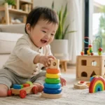Anak sedang bermain balok edukatif di ruang keluarga sebagai ilustrasi tumbuh kembang anak yang dipengaruhi stimulasi, metabolisme, dan lingkungan yang sehat.
