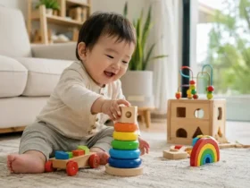 Anak sedang bermain balok edukatif di ruang keluarga sebagai ilustrasi tumbuh kembang anak yang dipengaruhi stimulasi, metabolisme, dan lingkungan yang sehat.