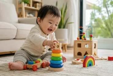Anak sedang bermain balok edukatif di ruang keluarga sebagai ilustrasi tumbuh kembang anak yang dipengaruhi stimulasi, metabolisme, dan lingkungan yang sehat.