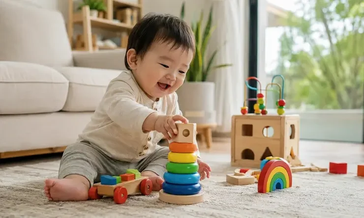 Anak sedang bermain balok edukatif di ruang keluarga sebagai ilustrasi tumbuh kembang anak yang dipengaruhi stimulasi, metabolisme, dan lingkungan yang sehat.