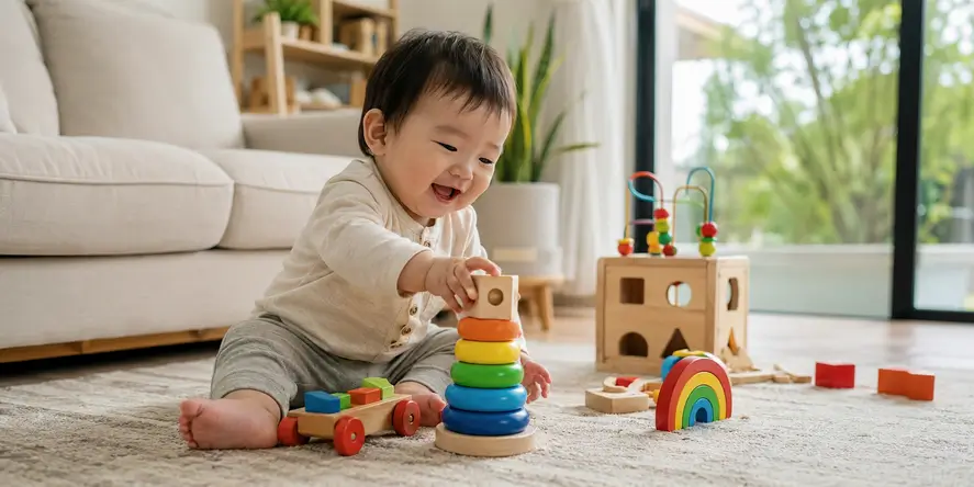 Anak sedang bermain balok edukatif di ruang keluarga sebagai ilustrasi tumbuh kembang anak yang dipengaruhi stimulasi, metabolisme, dan lingkungan yang sehat.