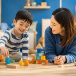 Ilustrasi seorang anak yang sedang menjalani proses tumbuh kembang dengan pendekatan Autism & Neurodevelopment yang menyoroti perkembangan otak, sistem saraf, dan interaksi dengan lingkungan.