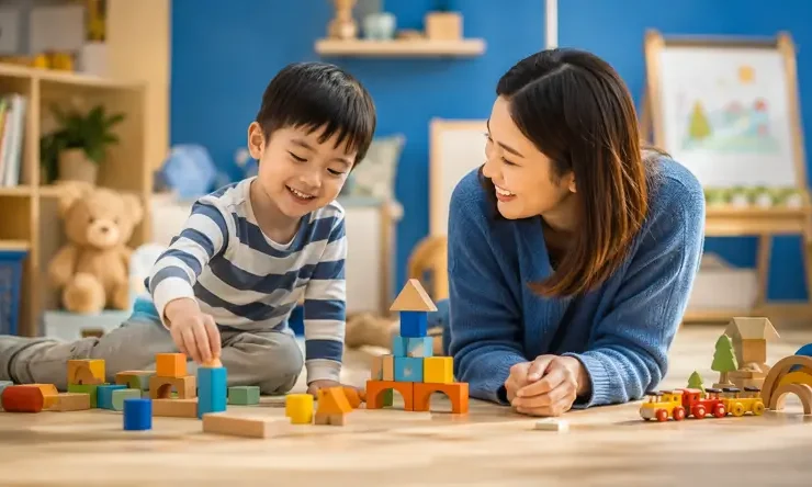 Ilustrasi seorang anak yang sedang menjalani proses tumbuh kembang dengan pendekatan Autism & Neurodevelopment yang menyoroti perkembangan otak, sistem saraf, dan interaksi dengan lingkungan.