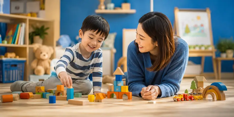 Ilustrasi seorang anak yang sedang menjalani proses tumbuh kembang dengan pendekatan Autism & Neurodevelopment yang menyoroti perkembangan otak, sistem saraf, dan interaksi dengan lingkungan.