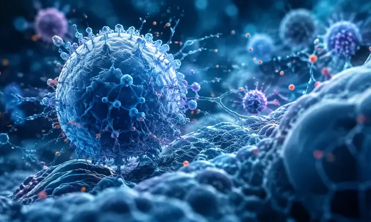 Ilustrasi realistis autoimmune & immune disorders yang menggambarkan hubungan sistem imun, inflamasi, sel, dan kesehatan tubuh.