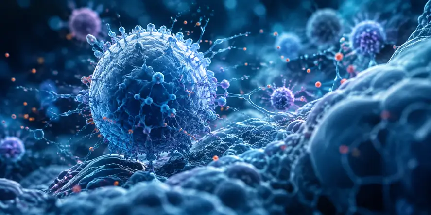 Ilustrasi realistis autoimmune & immune disorders yang menggambarkan hubungan sistem imun, inflamasi, sel, dan kesehatan tubuh.
