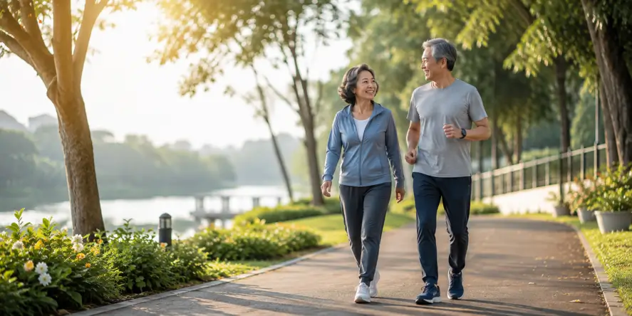Healthy Aging & Longevity yang menggambarkan proses menua sehat dengan tetap aktif, mandiri, dan memiliki kualitas hidup yang baik.