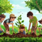 Alt Teks Anak-anak sedang menanam pohon bersama sebagai aktivitas yang mendukung pembelajaran, interaksi sosial, dan pengalaman di alam terbuka.