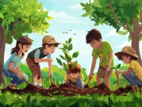Alt Teks Anak-anak sedang menanam pohon bersama sebagai aktivitas yang mendukung pembelajaran, interaksi sosial, dan pengalaman di alam terbuka.