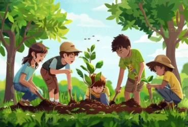 Alt Teks Anak-anak sedang menanam pohon bersama sebagai aktivitas yang mendukung pembelajaran, interaksi sosial, dan pengalaman di alam terbuka.