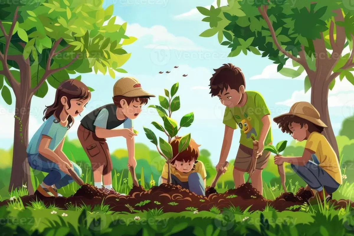 Alt Teks Anak-anak sedang menanam pohon bersama sebagai aktivitas yang mendukung pembelajaran, interaksi sosial, dan pengalaman di alam terbuka.